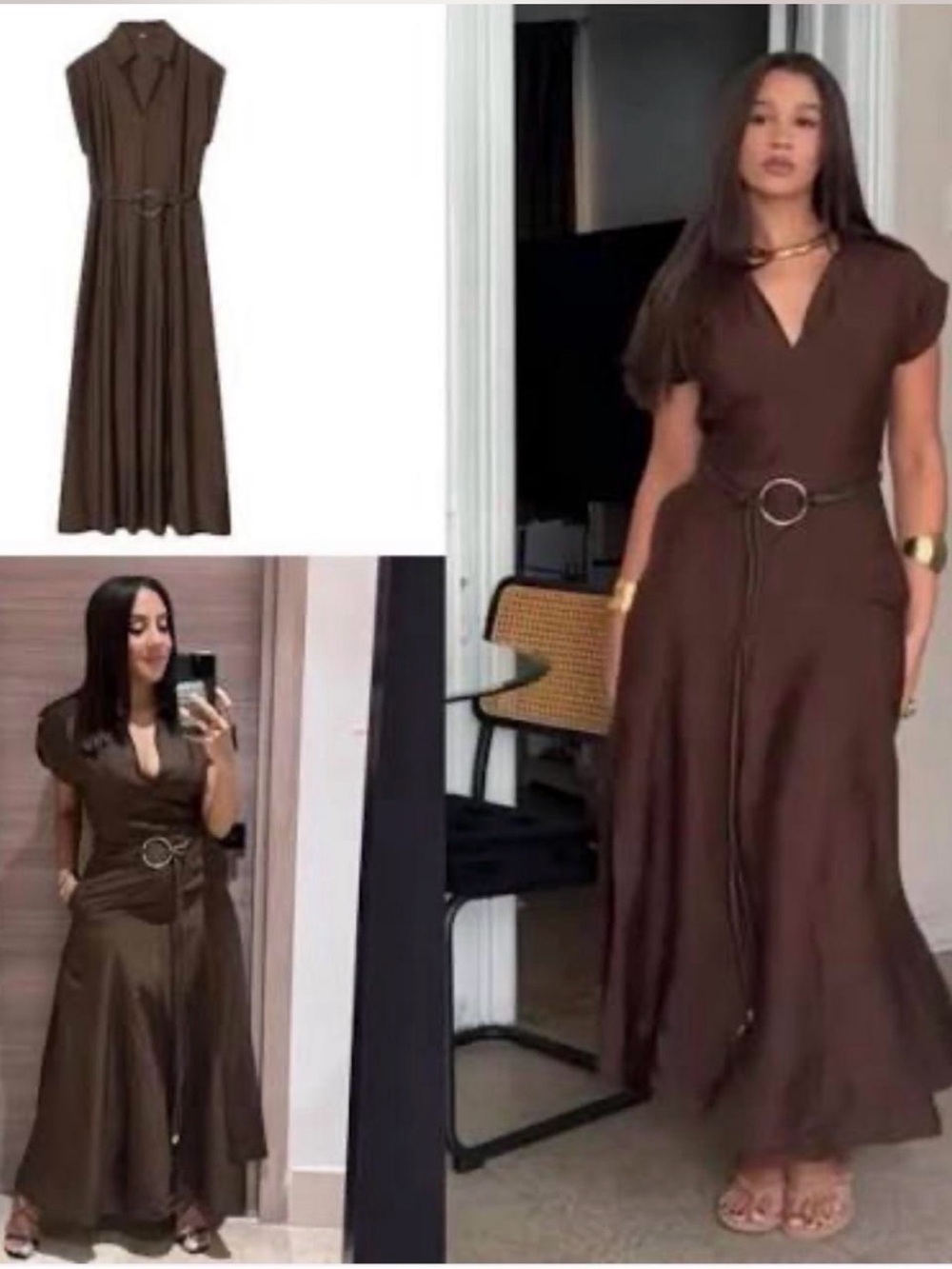Zara Brown V-Neck Belted Maxi Dress
